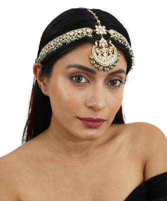 White Stone Heavy Mathapatti With Sea Green Hangings 1