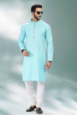 Blue embroidered linen kurta-pajama 2