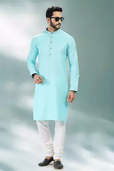 Blue embroidered linen kurta-pajama