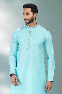 Blue embroidered linen kurta-pajama 4