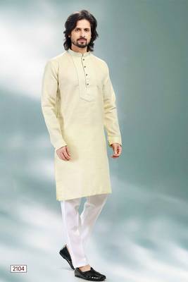 Yellow embroidered linen kurta-pajama 1