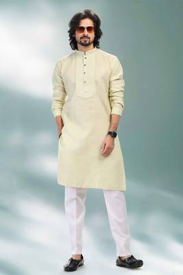 Yellow embroidered linen kurta-pajama 2