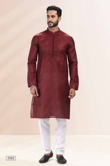 Maroon embroidered linen kurta-pajama