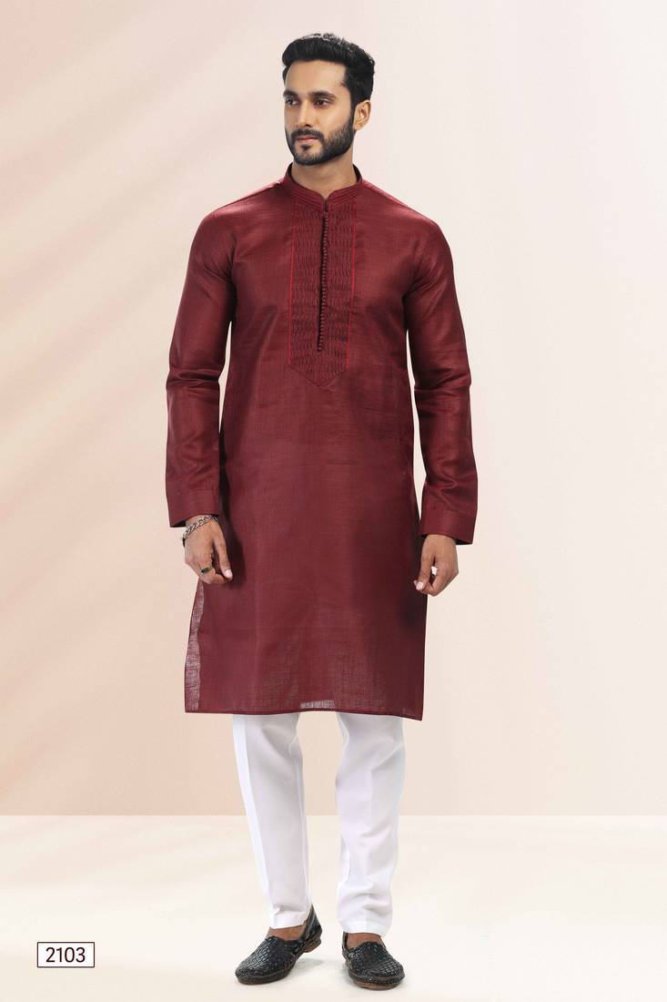 Maroon embroidered linen kurta-pajama