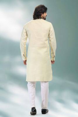 Yellow embroidered linen kurta-pajama 3
