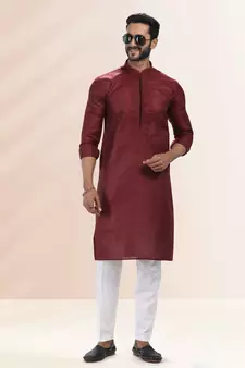 Maroon embroidered linen kurta-pajama