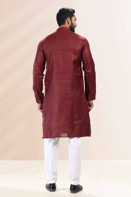 Maroon embroidered linen kurta-pajama 3