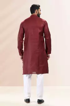 Maroon embroidered linen kurta-pajama