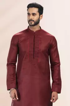 Maroon embroidered linen kurta-pajama