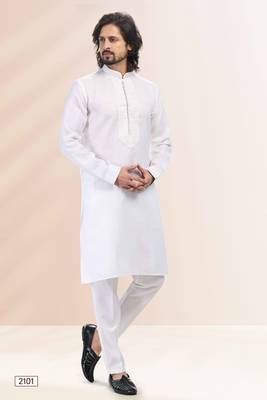 White embroidered linen kurta-pajama 1