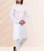 White embroidered linen kurta-pajama