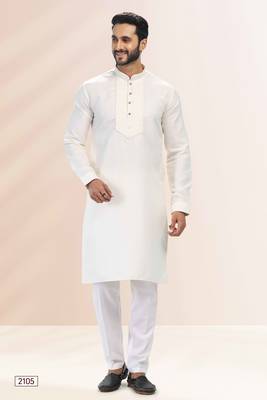 White embroidered linen kurta-pajama 1