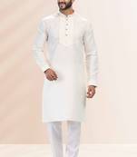 White embroidered linen kurta-pajama