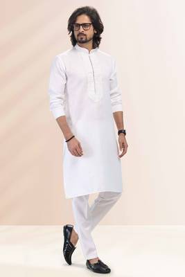 White embroidered linen kurta-pajama 2