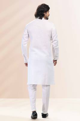 White embroidered linen kurta-pajama 3