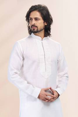 White embroidered linen kurta-pajama 4
