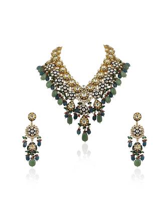 Blue Meena Work Long Necklace Set With Blue And Sea Green Beads 2