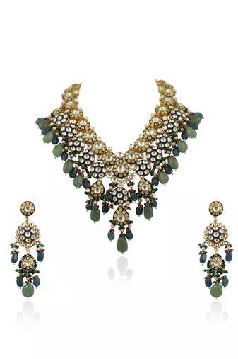 Blue Meena Work Long Necklace Set With Blue And Sea Green Beads