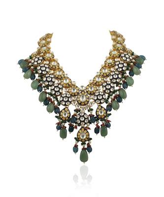 Blue Meena Work Long Necklace Set With Blue And Sea Green Beads 3