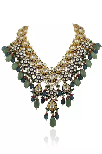 Blue Meena Work Long Necklace Set With Blue And Sea Green Beads