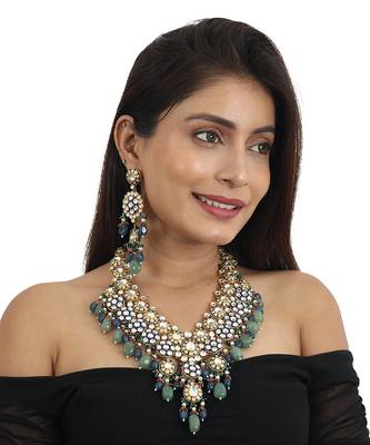 Blue Meena Work Long Necklace Set With Blue And Sea Green Beads 1