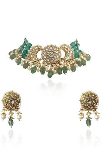 White And Sea Green Choker Set