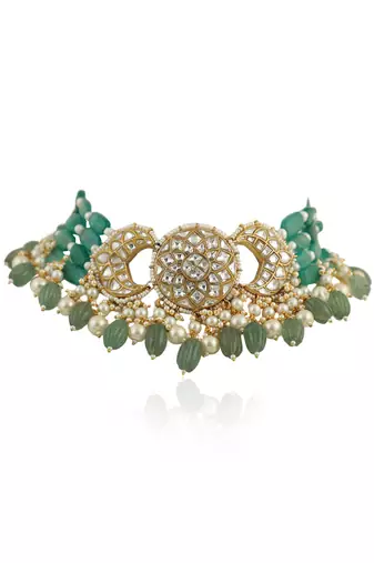 White And Sea Green Choker Set