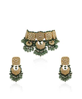 White Jadtar Stone Necklace Set With Green Moti Work And Sea Green Beads 2