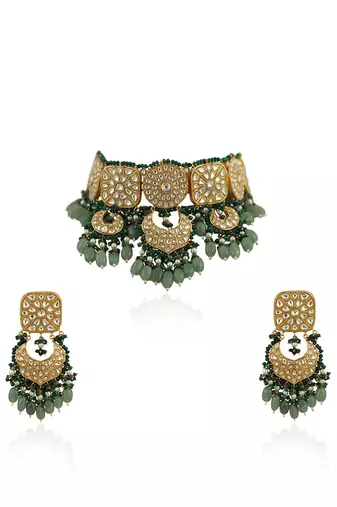 White Jadtar Stone Necklace Set With Green Moti Work And Sea Green Beads