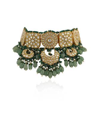 White Jadtar Stone Necklace Set With Green Moti Work And Sea Green Beads 3