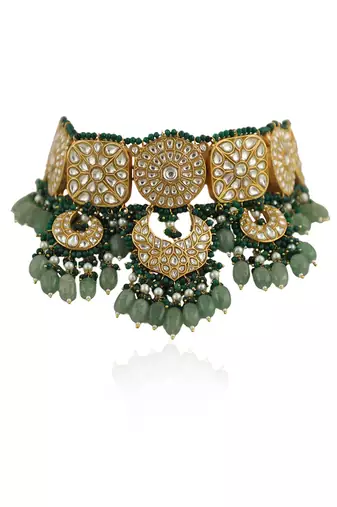 White Jadtar Stone Necklace Set With Green Moti Work And Sea Green Beads