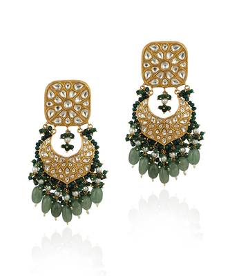 White Jadtar Stone Necklace Set With Green Moti Work And Sea Green Beads 4