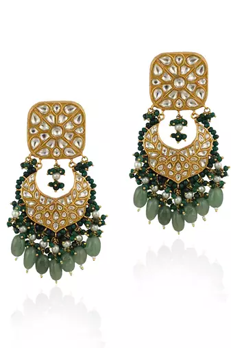 White Jadtar Stone Necklace Set With Green Moti Work And Sea Green Beads
