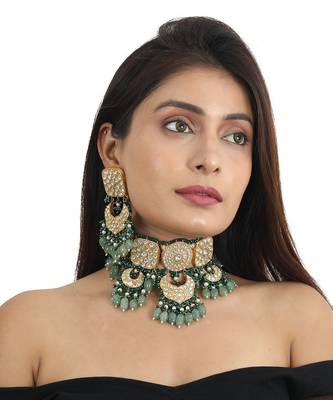 White Jadtar Stone Necklace Set With Green Moti Work And Sea Green Beads 1