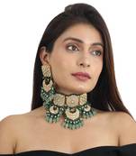 White Jadtar Stone Necklace Set With Green Moti Work And Sea Green Beads