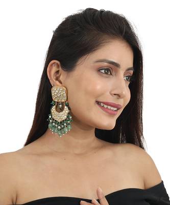 White Jadtar Stone Necklace Set With Green Moti Work And Sea Green Beads 5