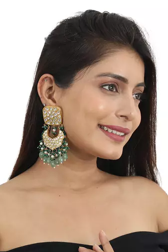 White Jadtar Stone Necklace Set With Green Moti Work And Sea Green Beads