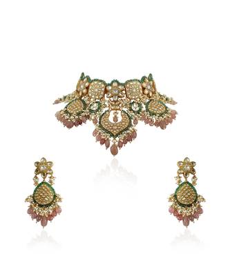 White Heavy Necklace Set With Pastel Pink Beads Green Moti Work 2