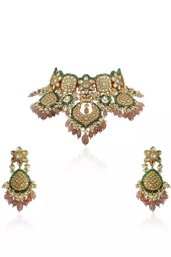 White Heavy Necklace Set With Pastel Pink Beads Green Moti Work