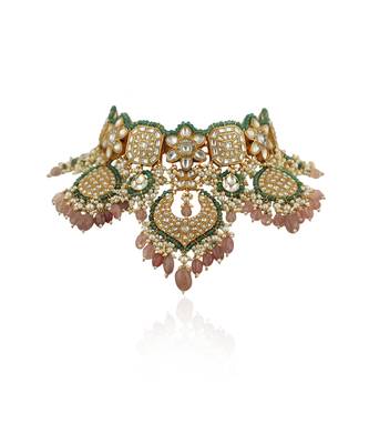 White Heavy Necklace Set With Pastel Pink Beads Green Moti Work 3