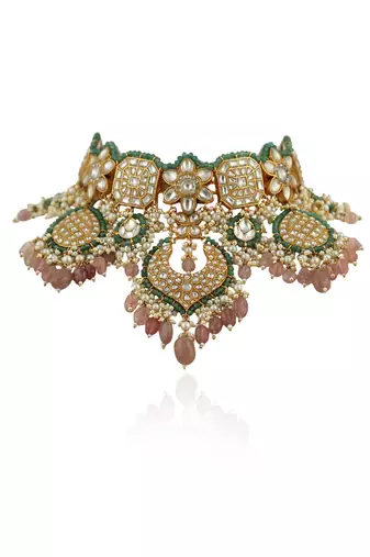 White Heavy Necklace Set With Pastel Pink Beads Green Moti Work