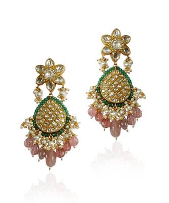 White Heavy Necklace Set With Pastel Pink Beads Green Moti Work 4