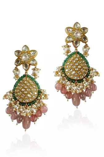 White Heavy Necklace Set With Pastel Pink Beads Green Moti Work