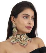 White Heavy Necklace Set With Pastel Pink Beads Green Moti Work