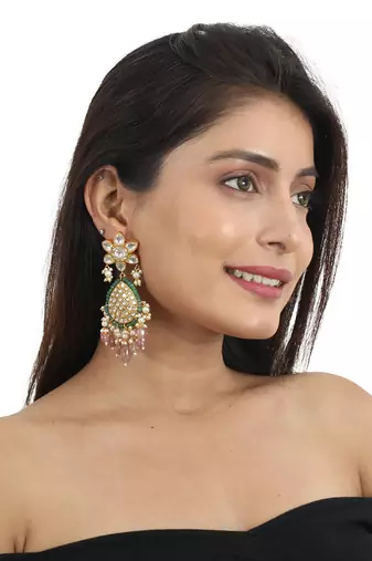 White Heavy Necklace Set With Pastel Pink Beads Green Moti Work