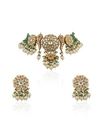 White And Light Green Choker Set With Pearls 2
