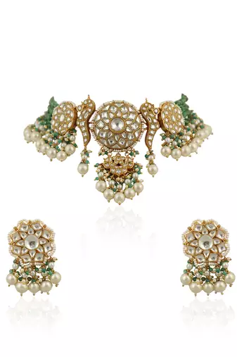 White And Light Green Choker Set With Pearls