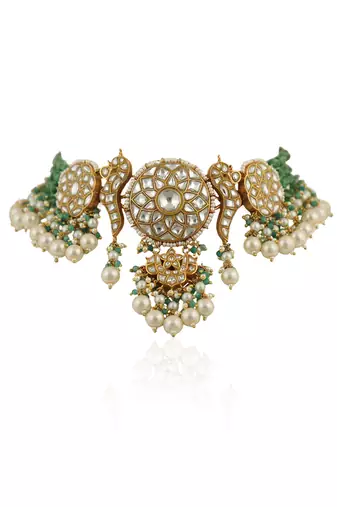 White And Light Green Choker Set With Pearls