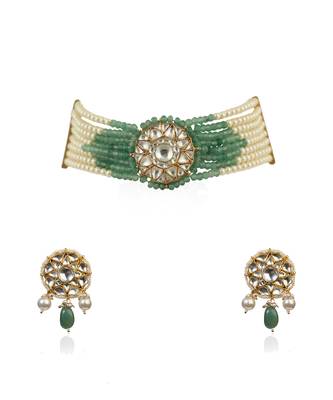 Round Small Pendent With Sea Green And White Moti Line Atteched Necklace With Tops 2