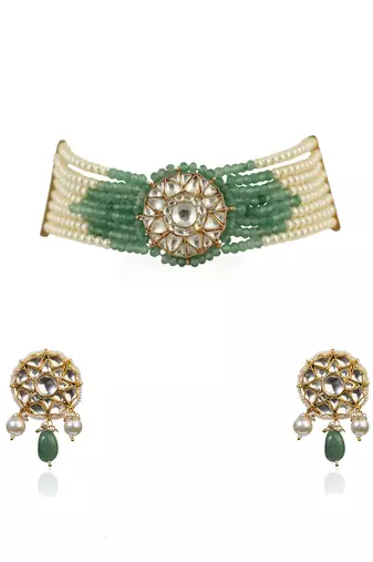 Round Small Pendent With Sea Green And White Moti Line Atteched Necklace With Tops